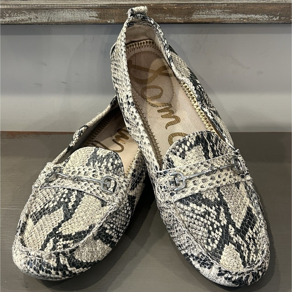 Sam Edelman Falto Loafers Silver Horse Bit Snake Print Slip On Women's Size 8.5